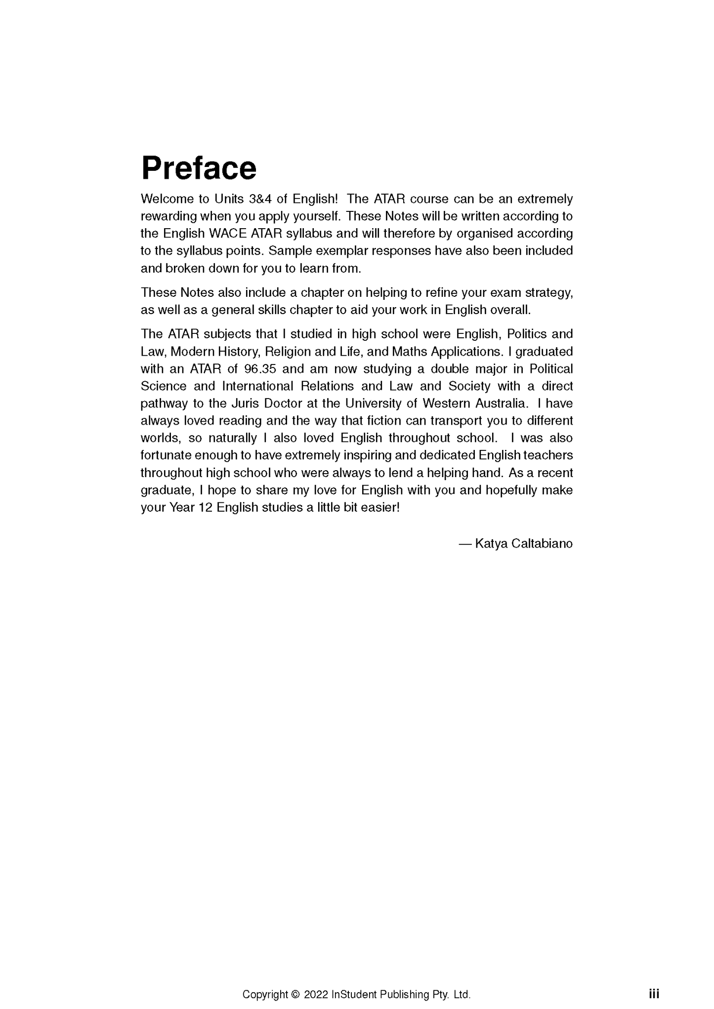 English Course Notes by ATAR Notes, showing the Preface section with black text and a signature.