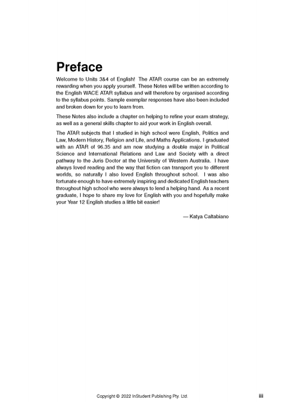 English Course Notes by ATAR Notes, showing the Preface section with black text and a signature.