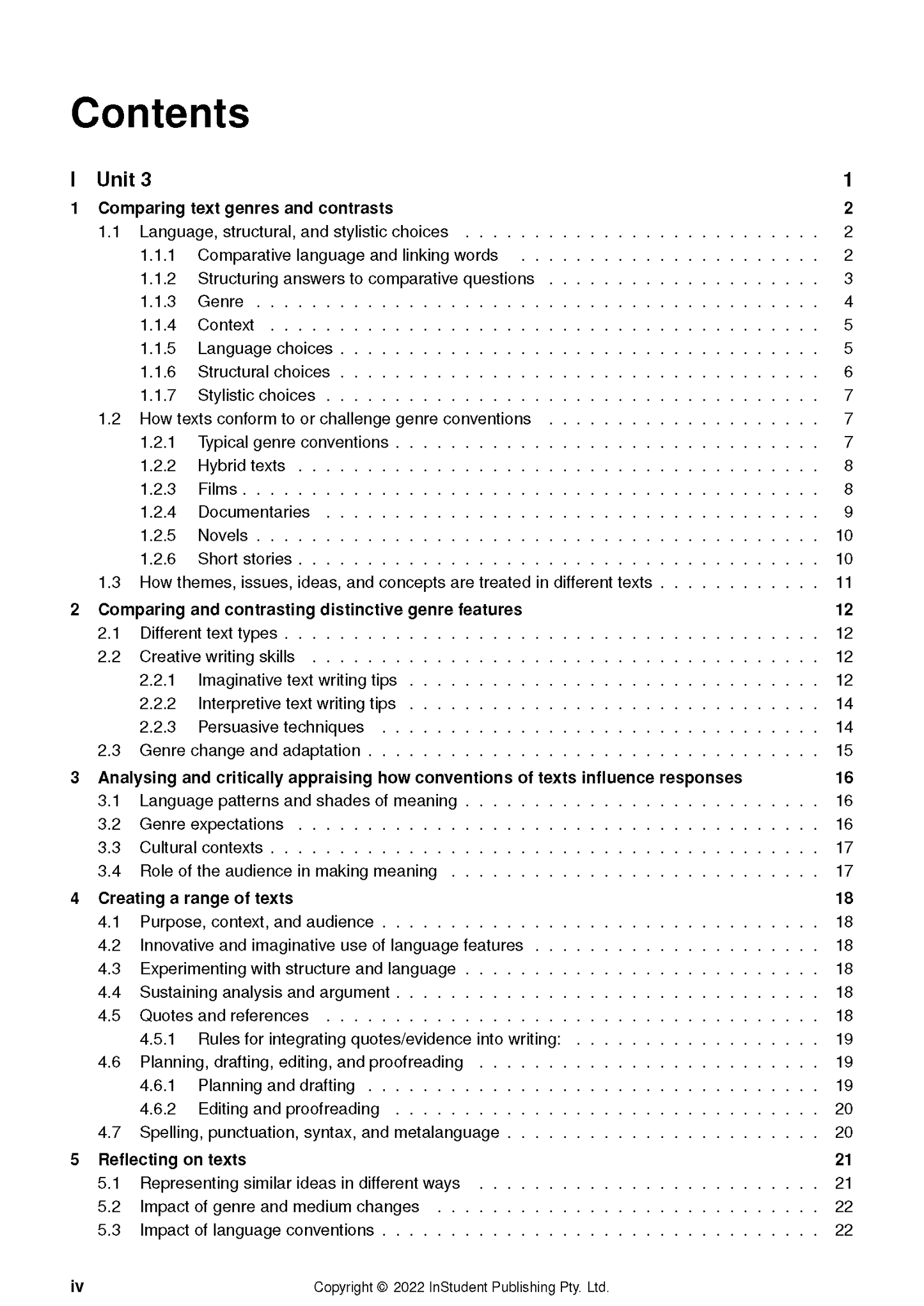 WACE Year 12 English Course Notes by ATAR Notes, displaying a detailed contents page with text and page numbers.