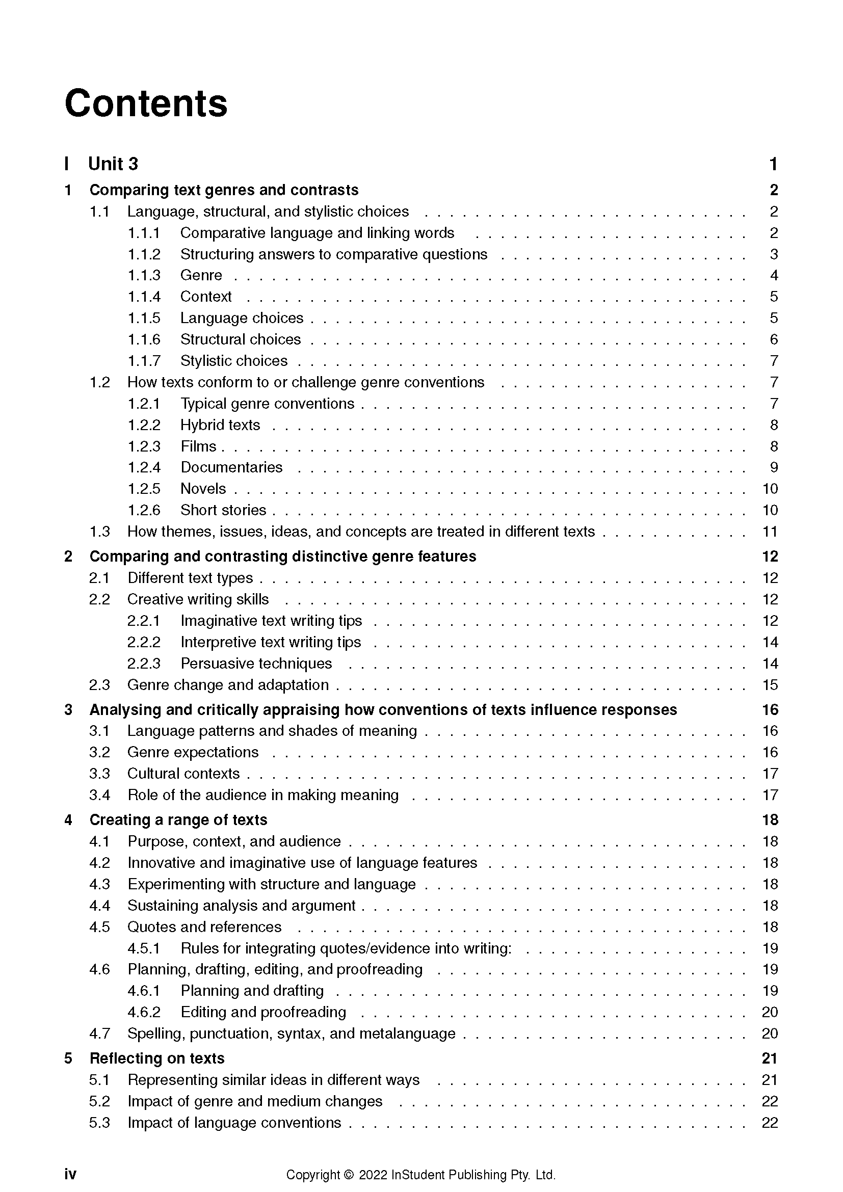 WACE Year 12 English Course Notes by ATAR Notes, displaying a detailed contents page with text and page numbers.