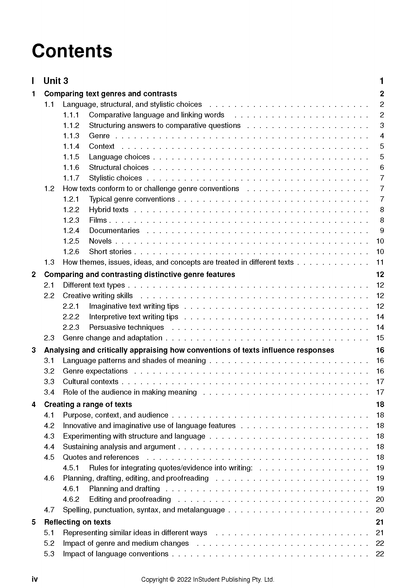 WACE Year 12 English Course Notes by ATAR Notes, displaying a detailed contents page with text and page numbers.