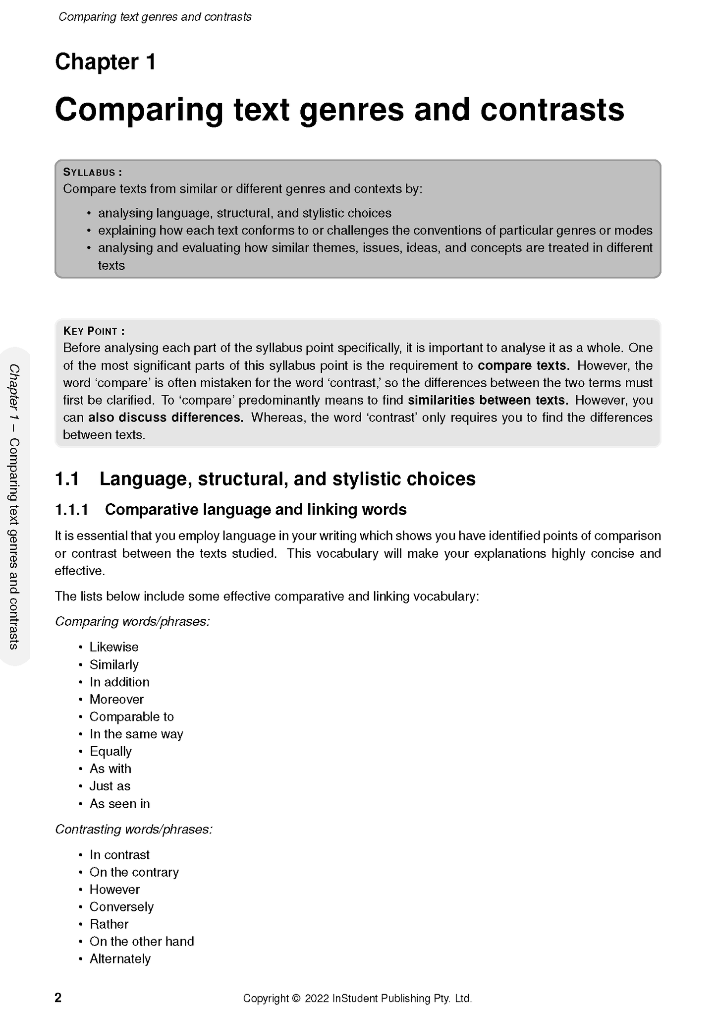Course Notes page for WACE Year 12 English by ATAR Notes, displaying Chapter 1 on text genres with key points and vocabulary lists.