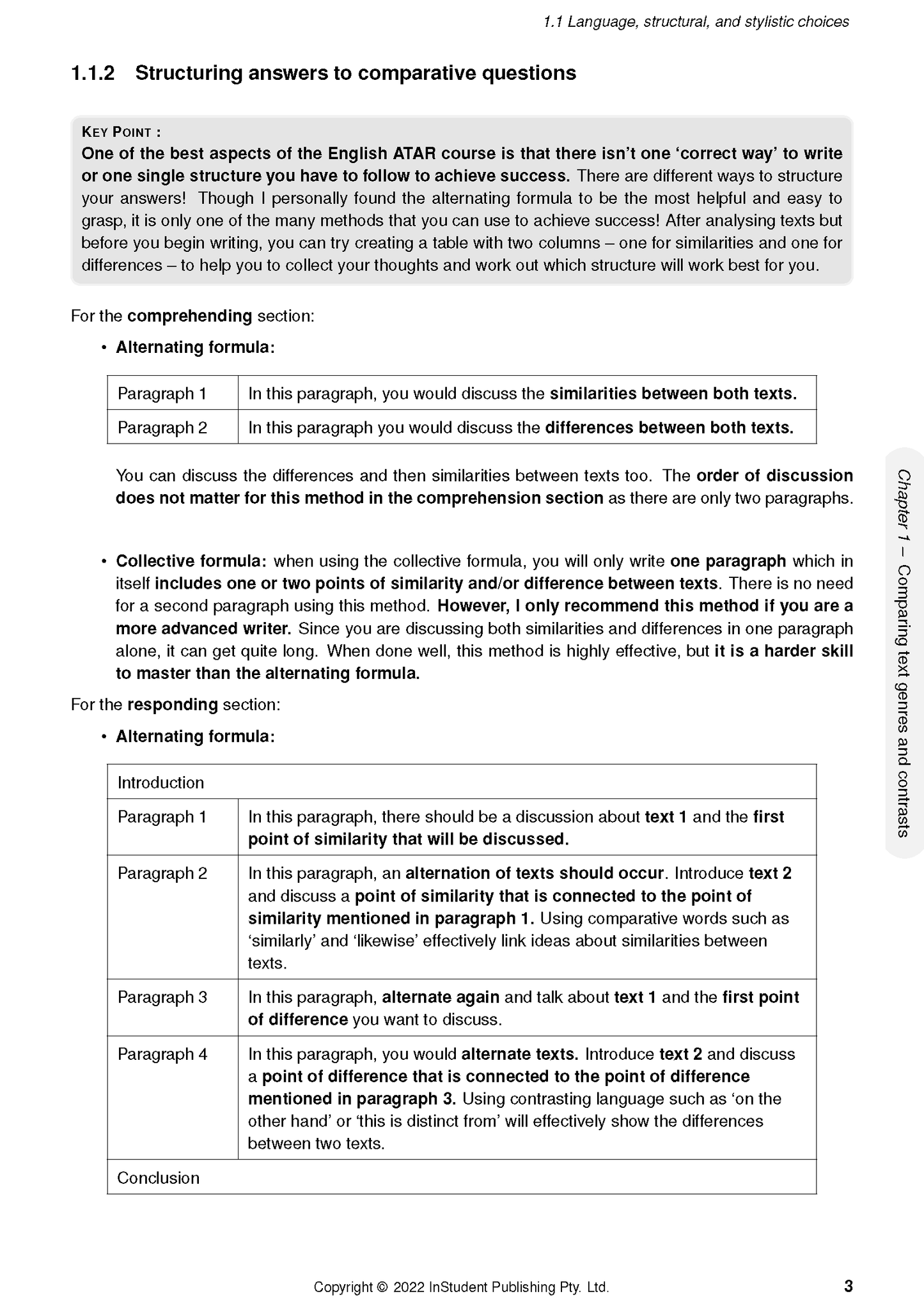 White course notes page by ATAR Notes, cropped to show "Structuring answers to comparative questions" section with text and tables.