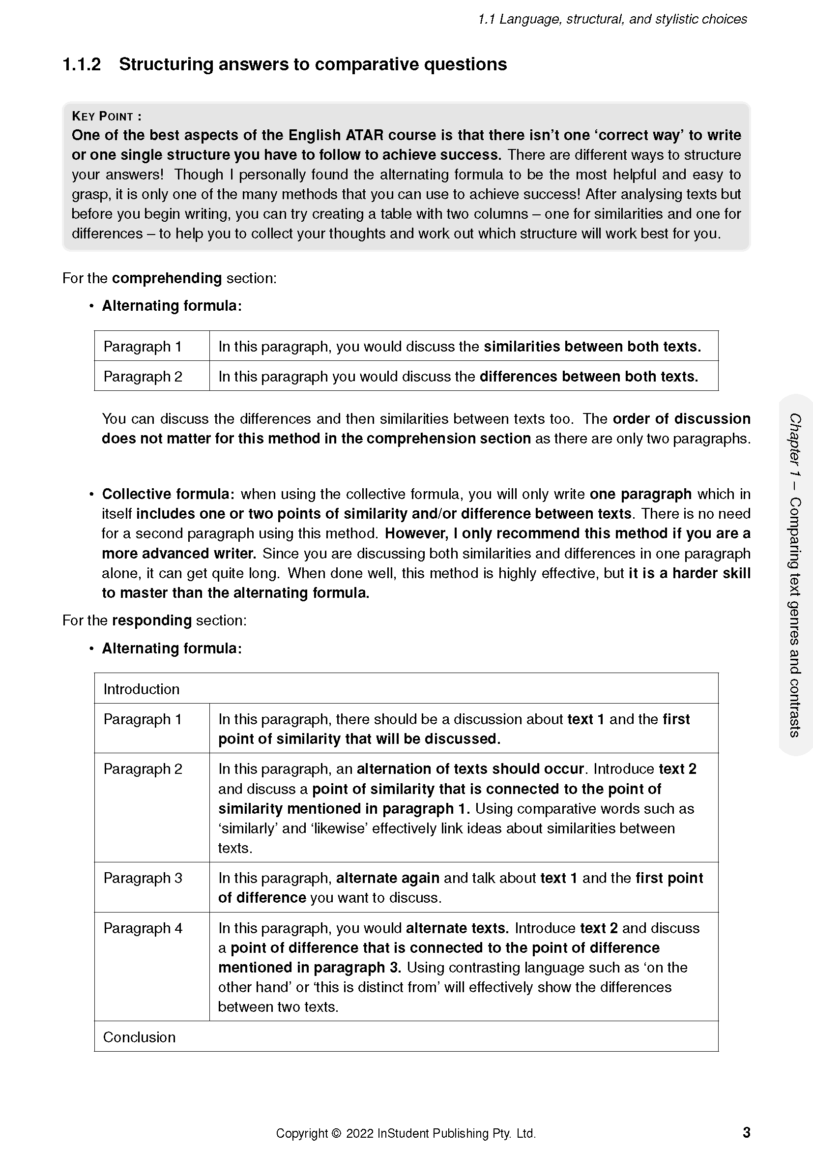 White course notes page by ATAR Notes, cropped to show "Structuring answers to comparative questions" section with text and tables.