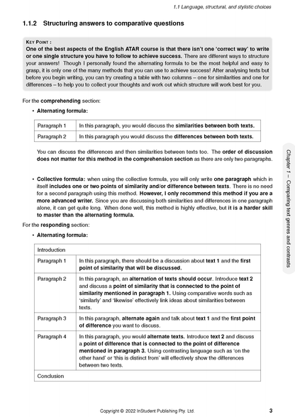 White course notes page by ATAR Notes, cropped to show "Structuring answers to comparative questions" section with text and tables.