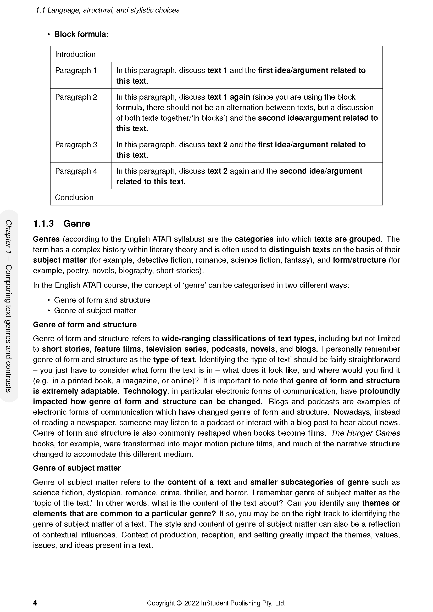 English Course Notes page by ATAR Notes, displaying a table with a block formula, headings, and body text on a white background.