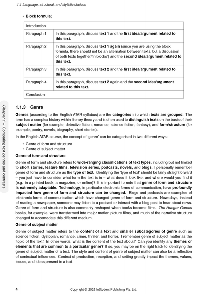 English Course Notes page by ATAR Notes, displaying a table with a block formula, headings, and body text on a white background.