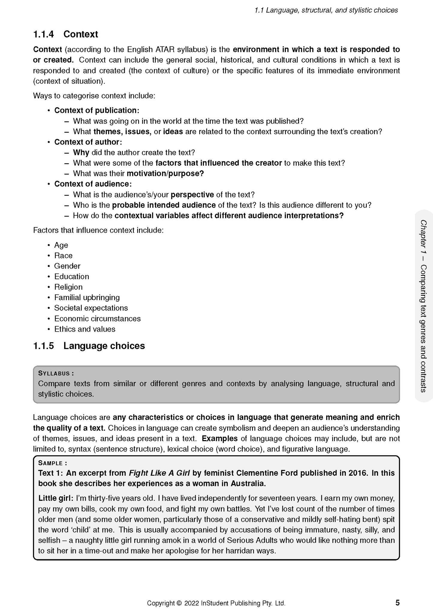 WACE Year 12 English Course Notes by ATAR Notes, displaying a page with sections on context and language choices.
