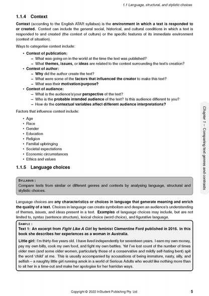 WACE Year 12 English Course Notes by ATAR Notes, displaying a page with sections on context and language choices.