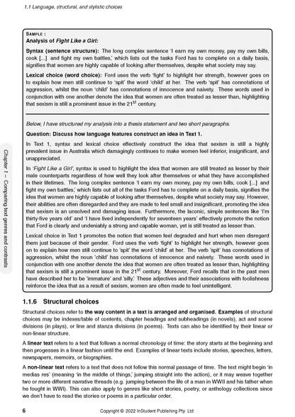 WACE Year 12 English 3&4 Complete Course Notes by ATAR Notes, open to a page discussing language features and structural choices.