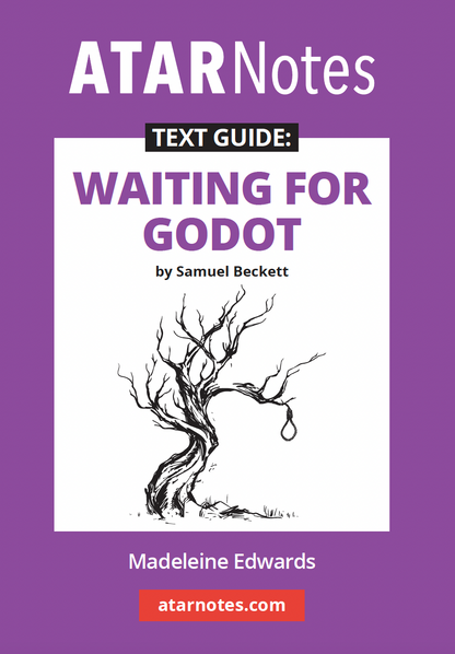 Text Guide for Waiting for Godot by Samuel Beckett by ATARNotes, showing a bare tree with a hanging noose on a purple background.