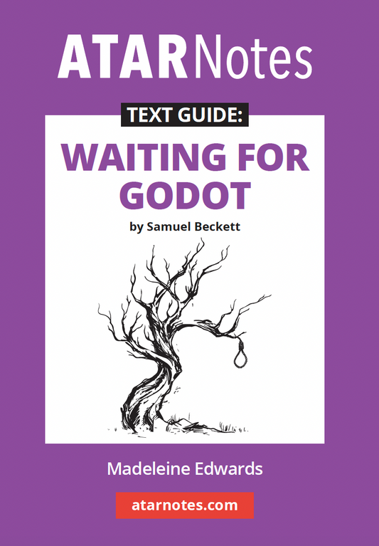 Text Guide for Waiting for Godot by Samuel Beckett by ATARNotes, showing a bare tree with a hanging noose on a purple background.