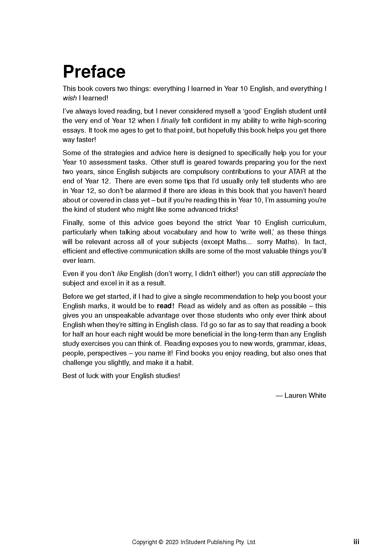 Year 10 English Complete Course Notes by ATAR Notes, showing a page titled "Preface" with black text on white.