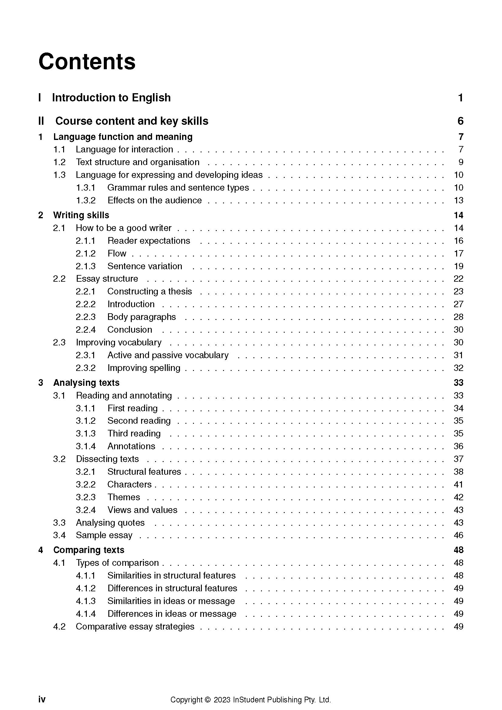 Course notes by ATAR Notes, displaying a table of contents page with numbered sections and page references.