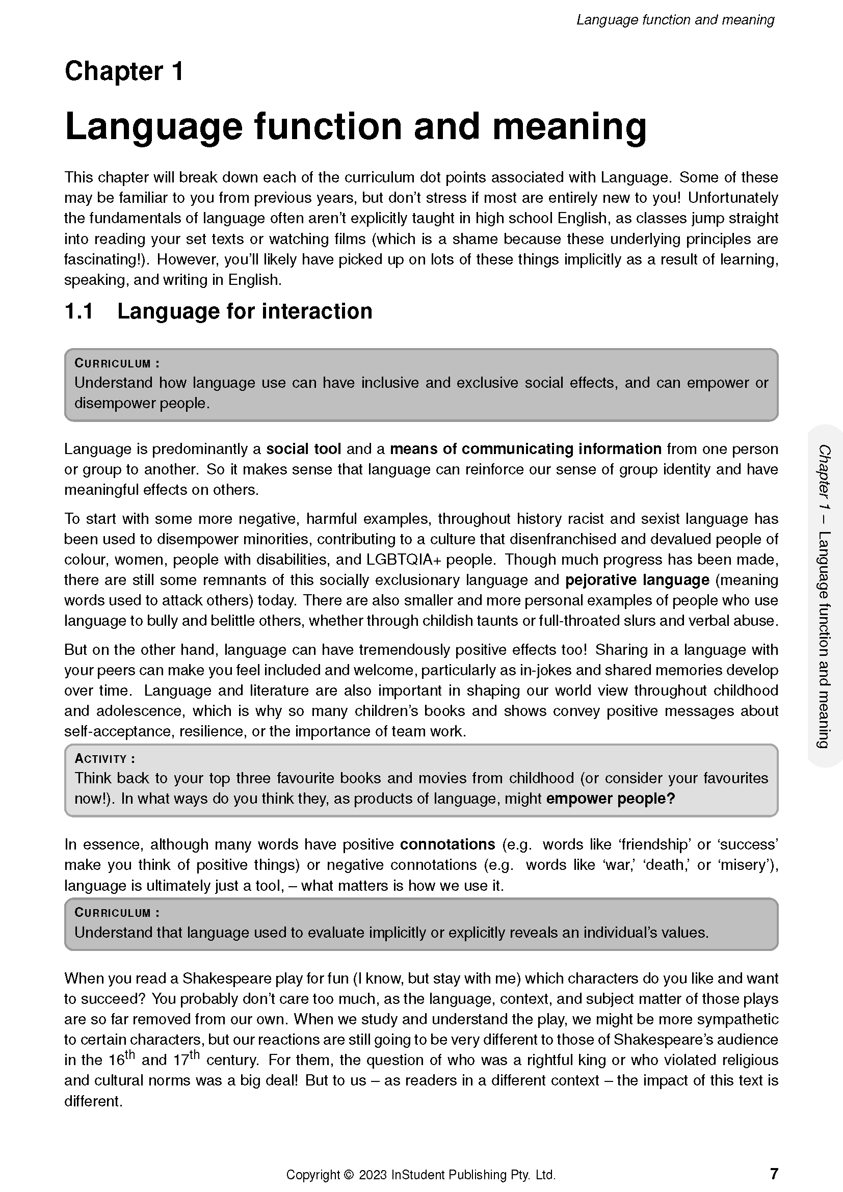 Course notes by ATAR Notes for Year 10 English, featuring a white page with black text from "Chapter 1 Language function and meaning".