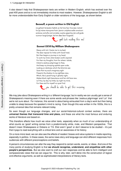 English Complete Course Notes page by ATAR Notes, featuring Old English Beowulf and Shakespeare Sonnet XXVII texts with red handwritten notes.