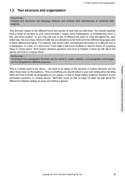 English Course Notes from ATAR Notes, a white page with black text discussing text structure and organisation, featuring curriculum boxes.