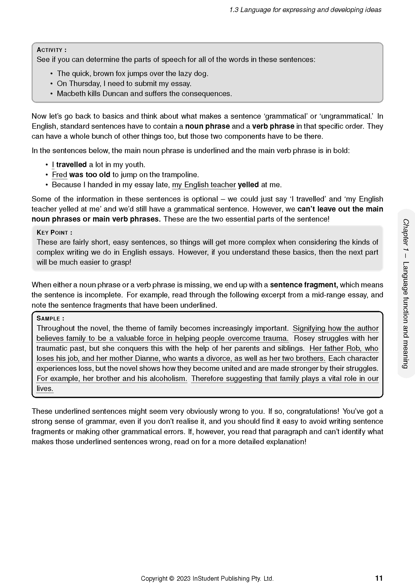 English Course Notes page by ATAR Notes, displaying grammar exercises, key points, and sample text.