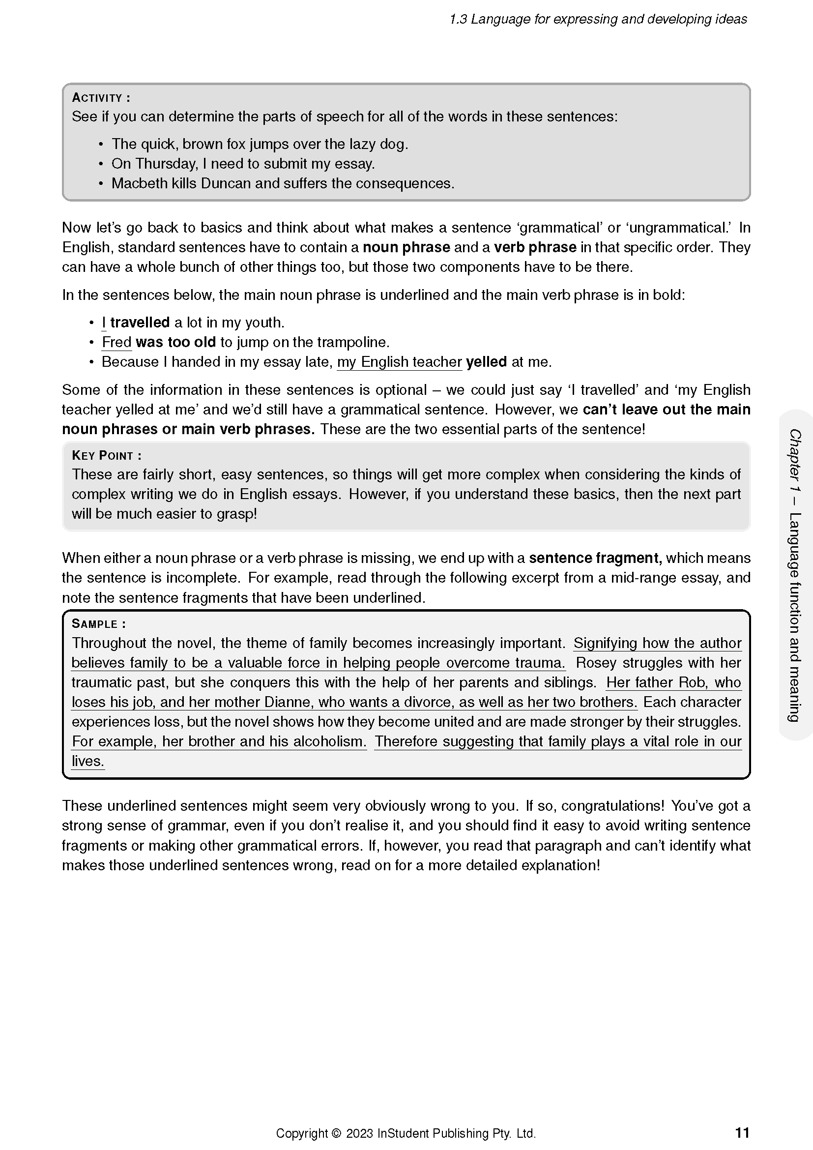 English Course Notes page by ATAR Notes, displaying grammar exercises, key points, and sample text.