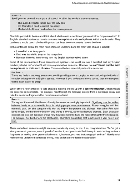 English Course Notes page by ATAR Notes, displaying grammar exercises, key points, and sample text.