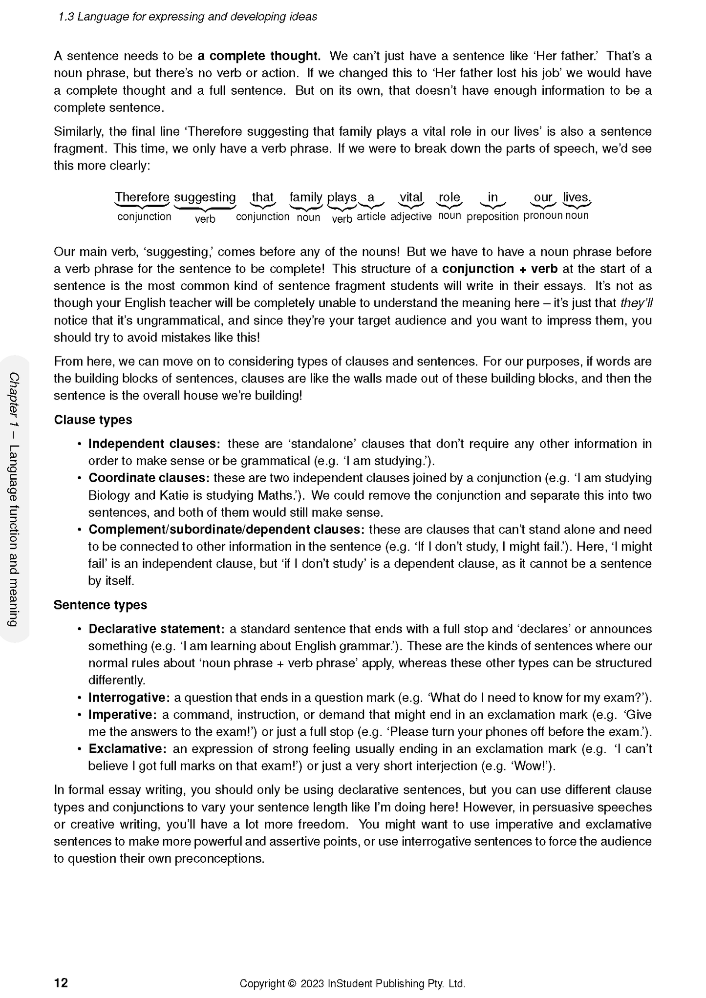 English Course Notes by ATAR Notes, displaying grammar rules, clause and sentence types, examples, and a parts of speech diagram.