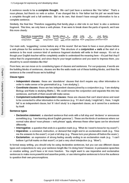 English Course Notes by ATAR Notes, displaying grammar rules, clause and sentence types, examples, and a parts of speech diagram.