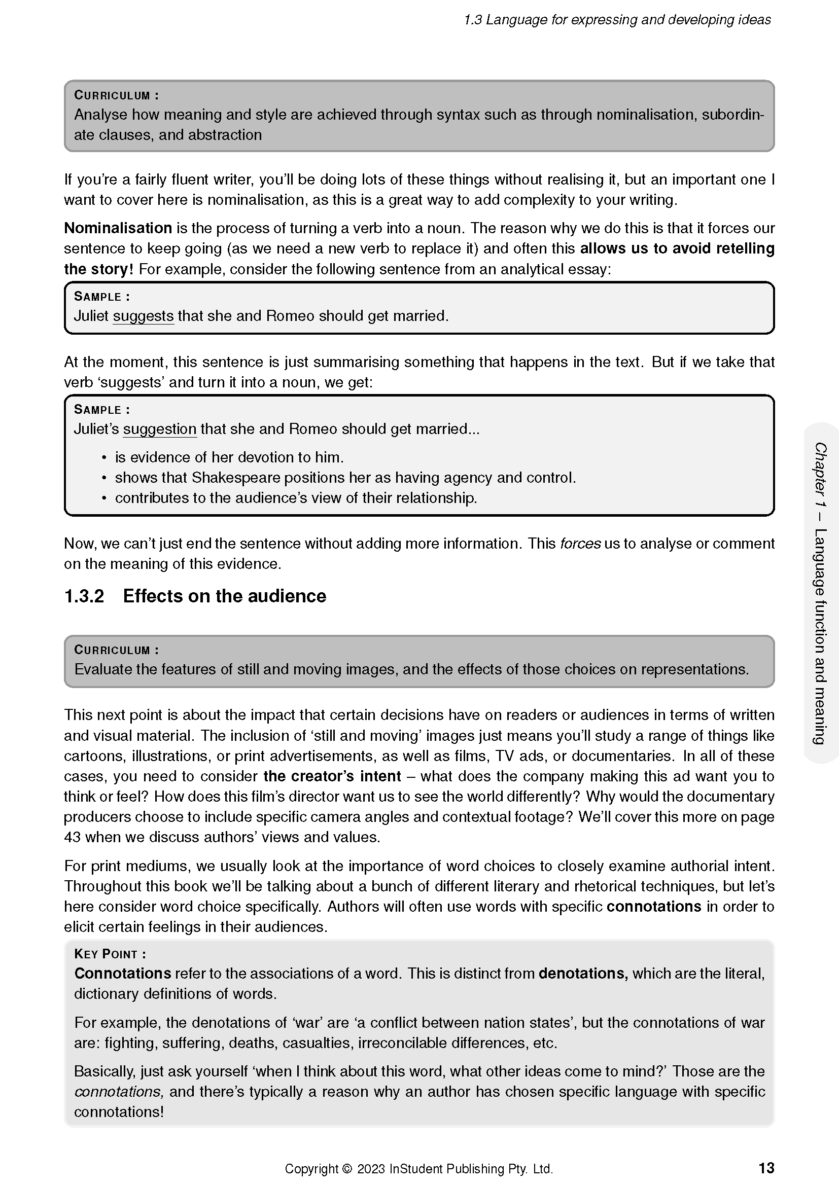 Year 10 English Course Notes page by ATAR Notes, displaying sections on language, nominalisation, and audience effects with text and grey boxes.