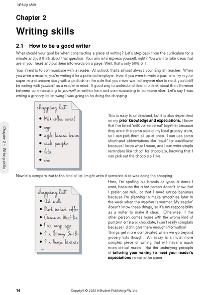 English Course Notes page from ATAR Notes, showing "Chapter 2 Writing skills" with handwritten shopping lists and text explanation.