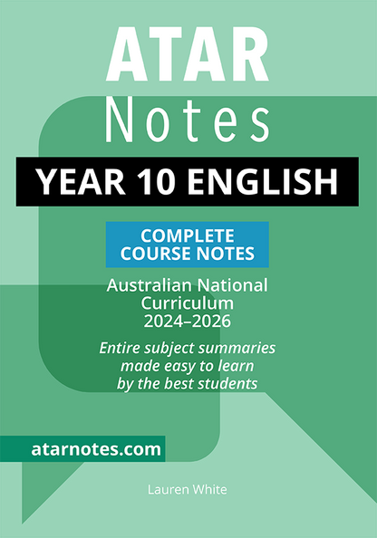 Year 10 English Complete Course Notes 2024-2026 by ATAR Notes, featuring a green cover with white, black, and blue text.