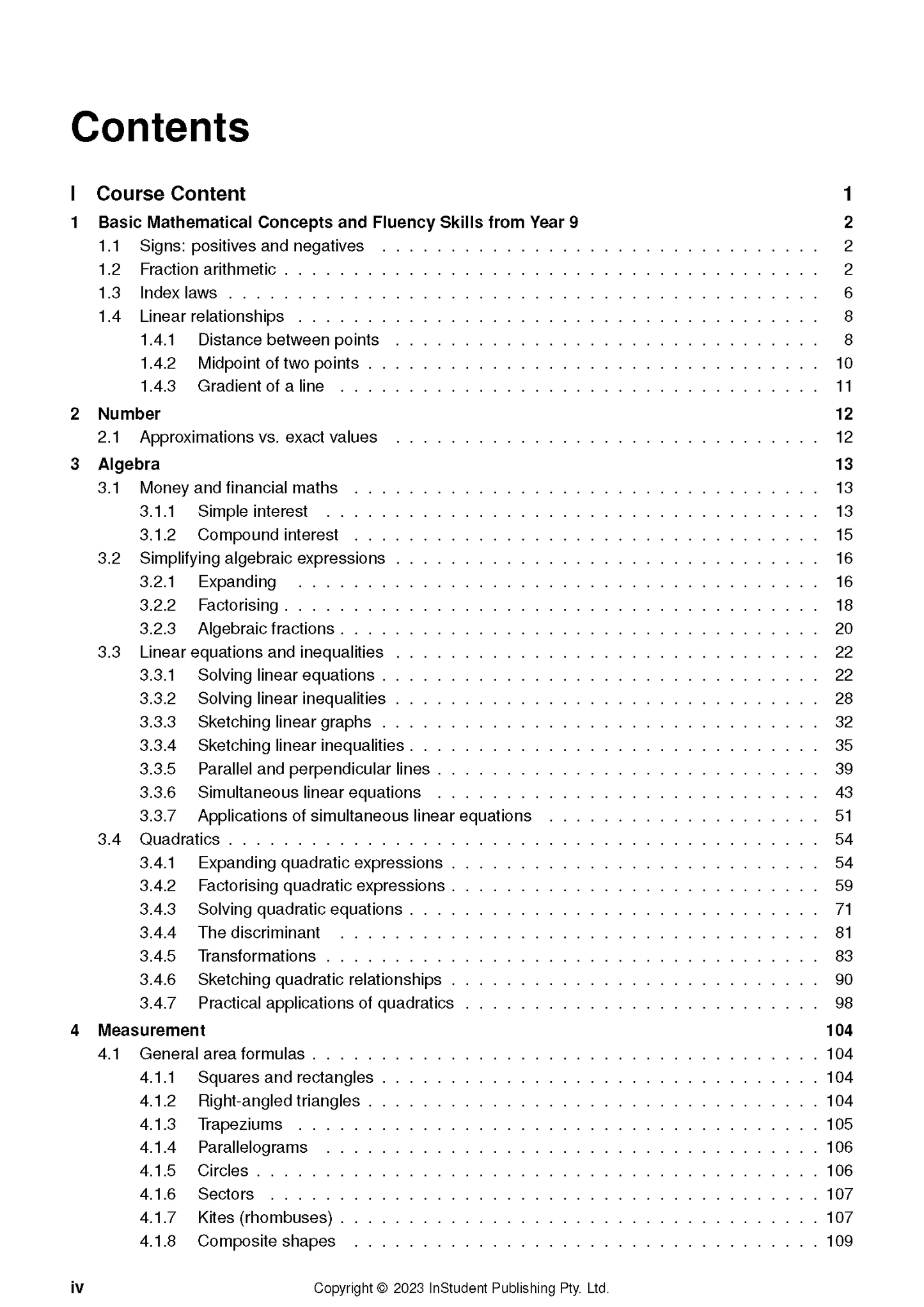 Year 10 Maths Complete Course Notes contents page by ATAR Notes, listing chapters on basic math, number, algebra, and measurement with page numbers.