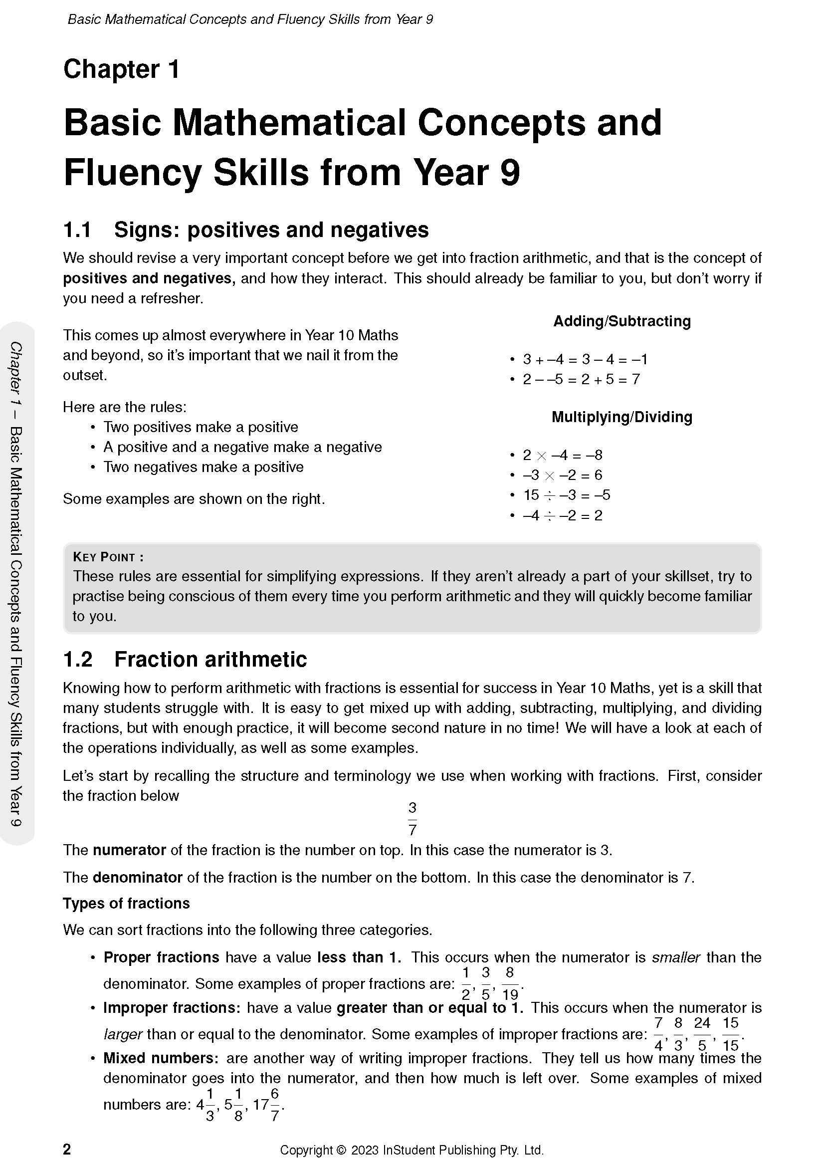 Year 10 Maths Course Notes by ATAR Notes, displaying mathematical concepts like signs, operations, and fractions with examples.