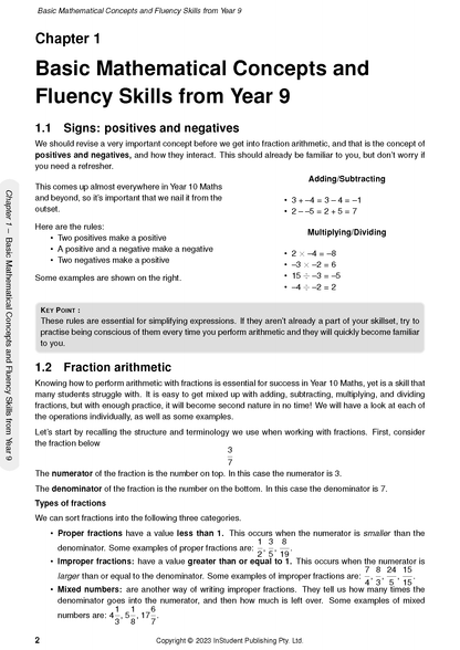Year 10 Maths Course Notes by ATAR Notes, displaying mathematical concepts like signs, operations, and fractions with examples.