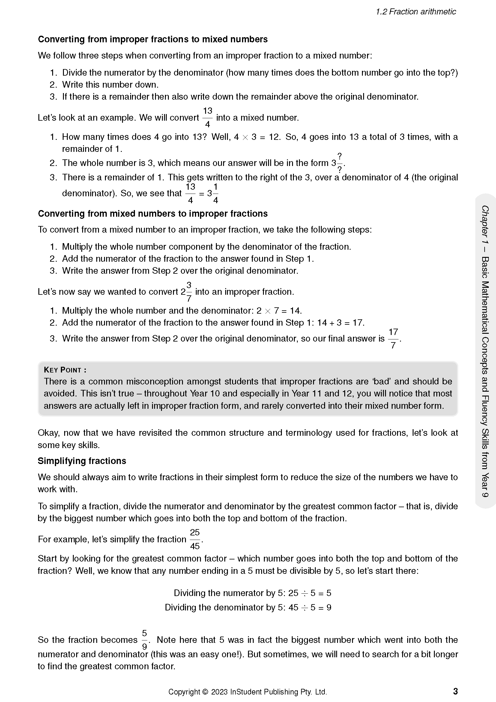 Year 10 Maths Course Notes by ATAR Notes, detailing fraction conversions and simplification with examples.