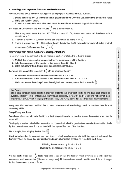 Year 10 Maths Course Notes by ATAR Notes, detailing fraction conversions and simplification with examples.