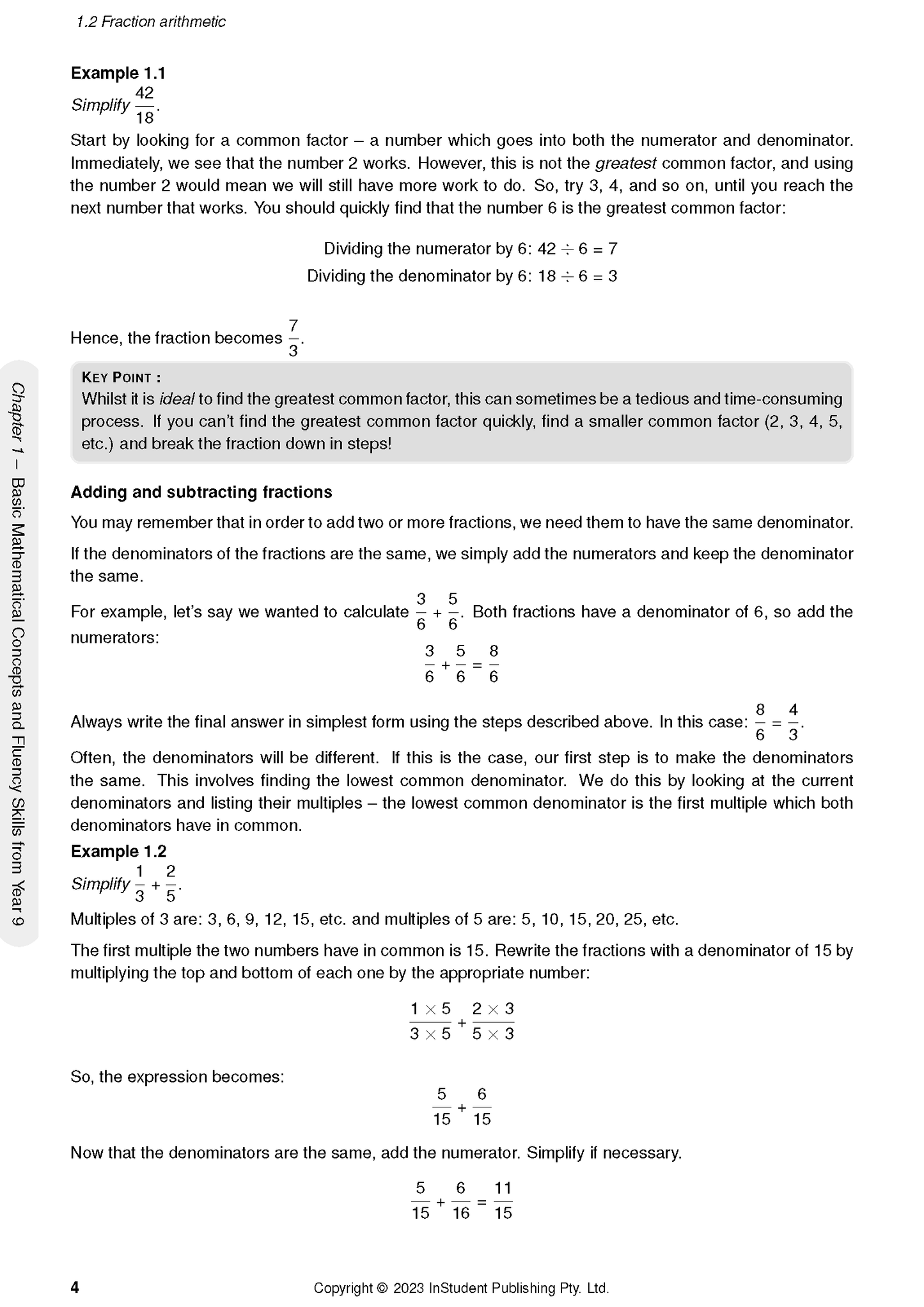Year 10 Maths Course Notes by ATAR Notes, displaying fraction arithmetic examples on a page.