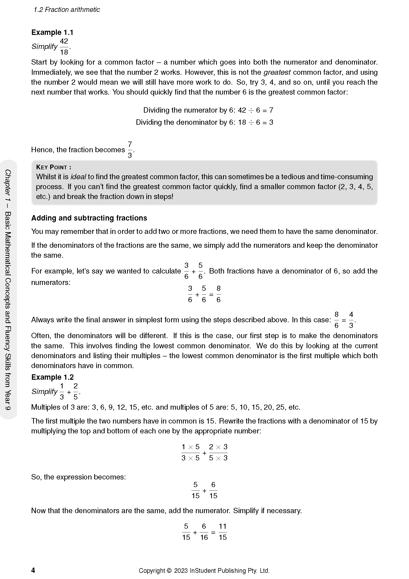 Year 10 Maths Course Notes by ATAR Notes, displaying fraction arithmetic examples on a page.