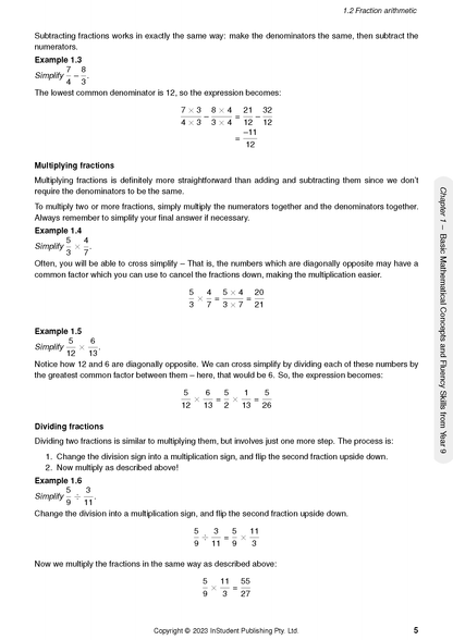 Year 10 Maths Complete Course Notes by ATAR Notes, showing a page on fraction arithmetic with examples.