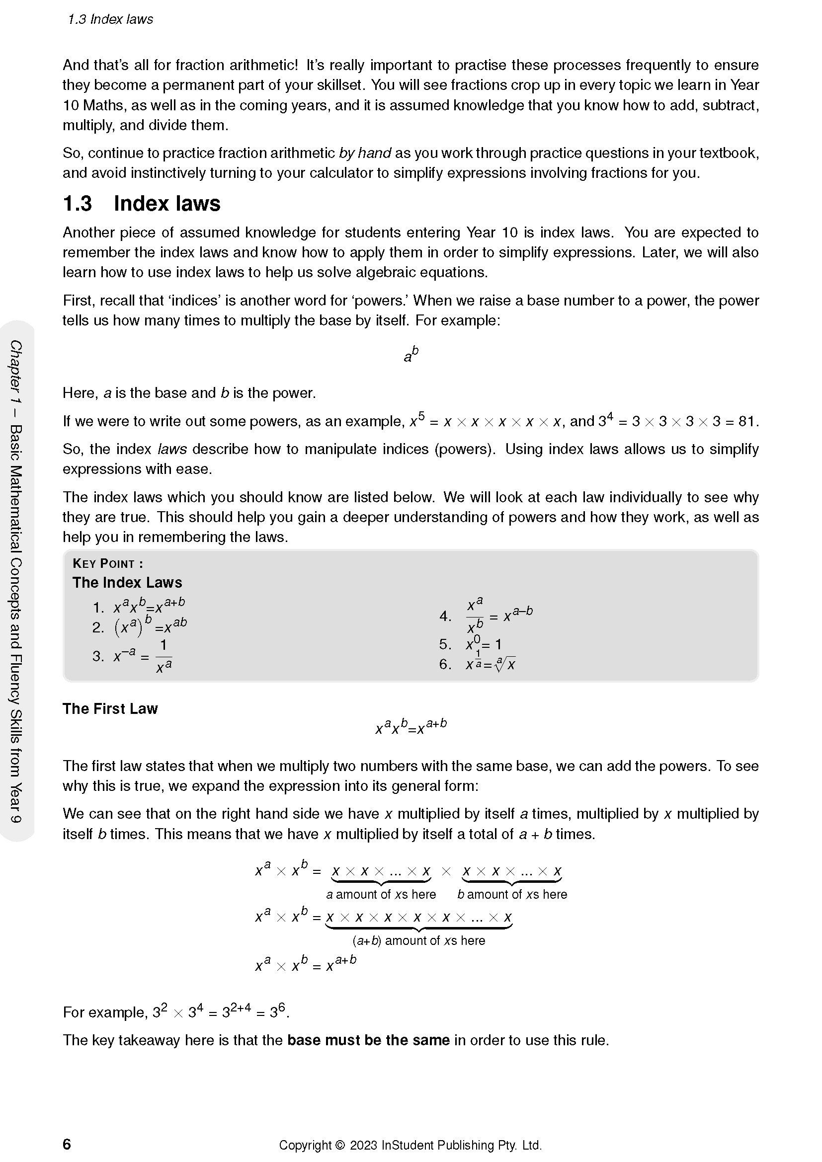 Year 10 Maths Course Notes by ATAR Notes, displaying a page with index laws, text, and formulas.