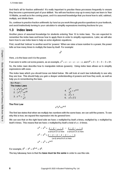 Year 10 Maths Course Notes by ATAR Notes, displaying a page with index laws, text, and formulas.