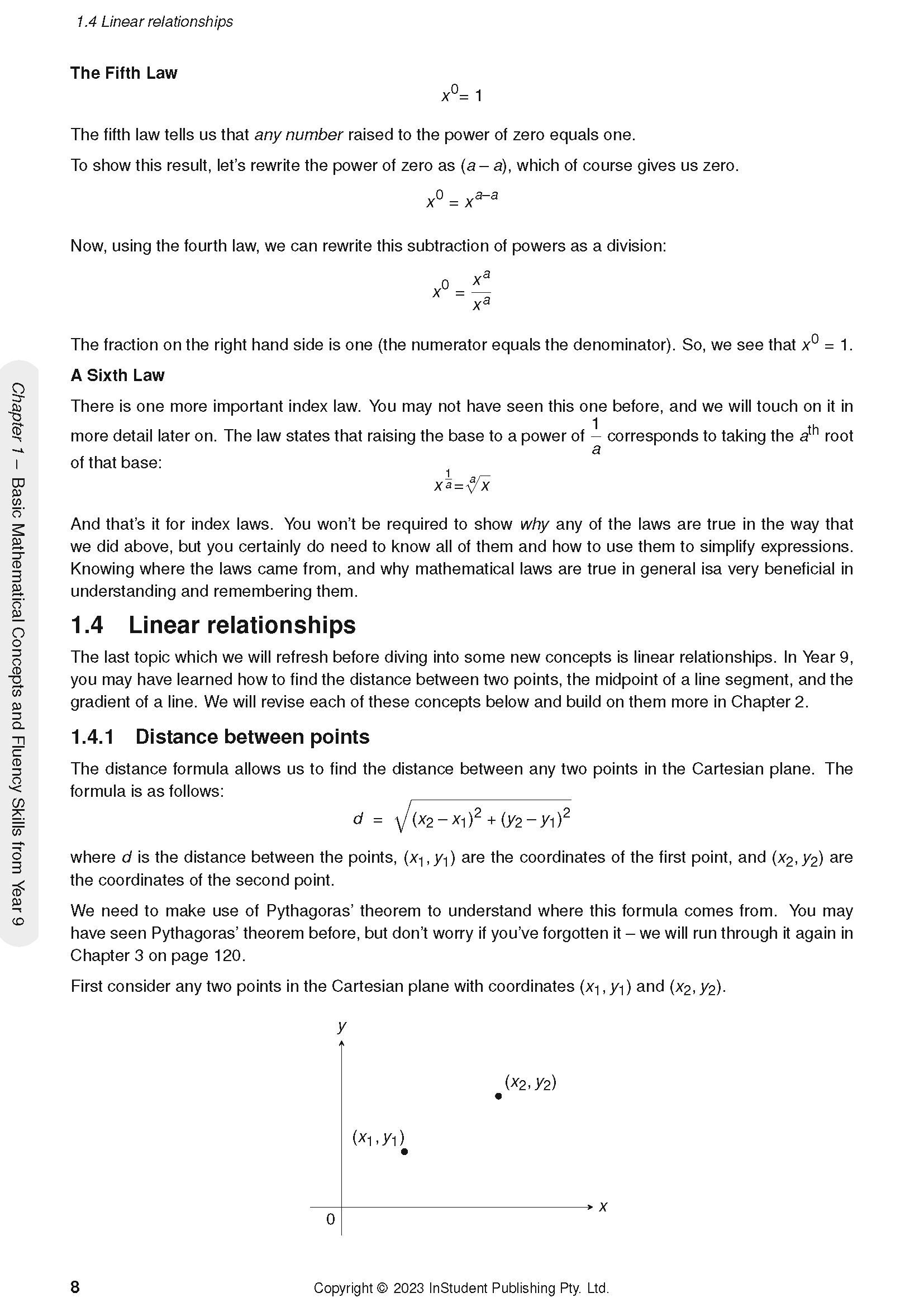 Year 10 Maths Course Notes by ATAR Notes, a white page detailing linear relationships and distance formula with a Cartesian plane diagram.