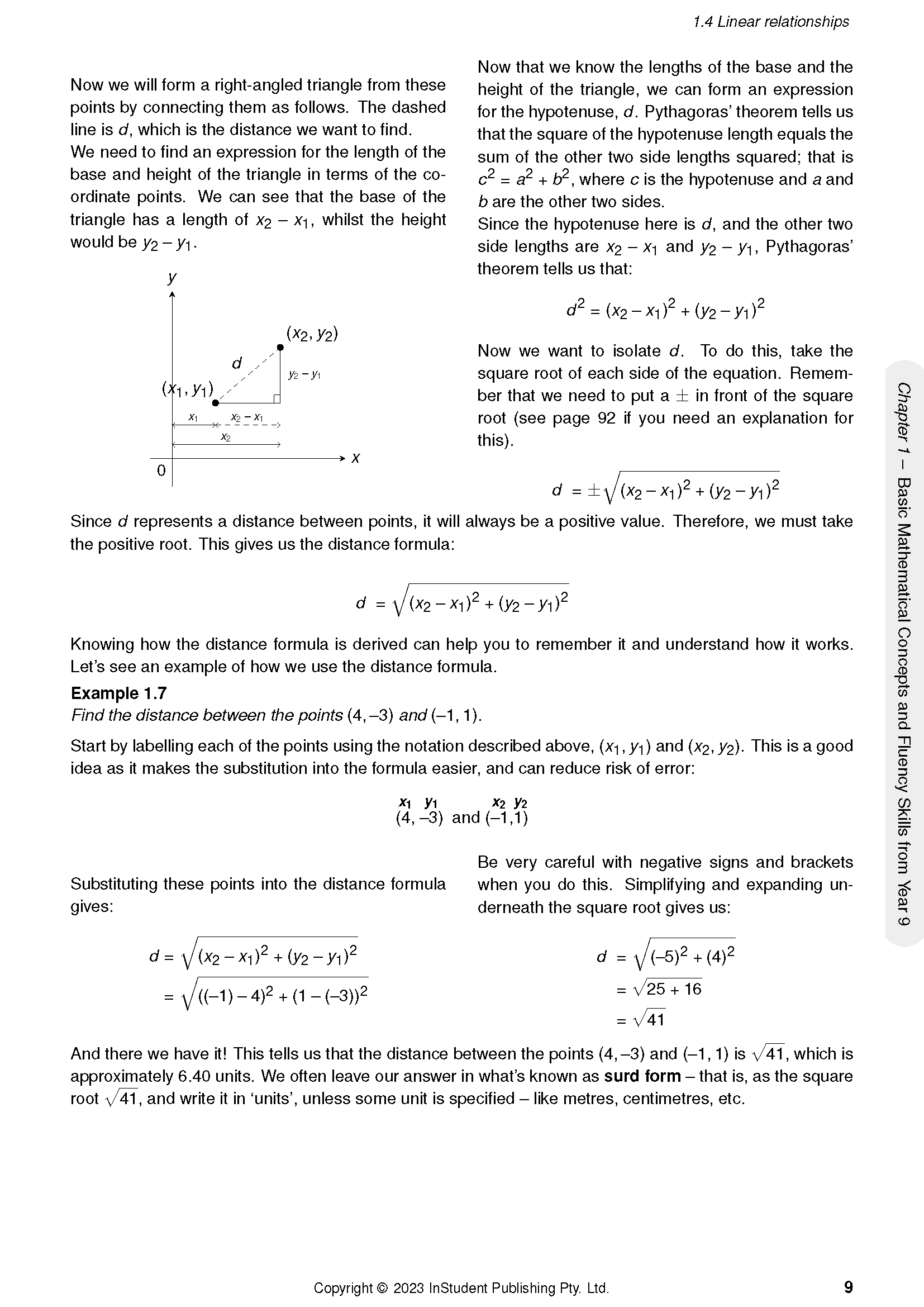 Maths Course Notes page by ATAR Notes, showing calculations, a coordinate diagram, and a solved example of the distance formula.