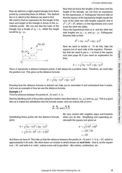 Maths Course Notes page by ATAR Notes, showing calculations, a coordinate diagram, and a solved example of the distance formula.