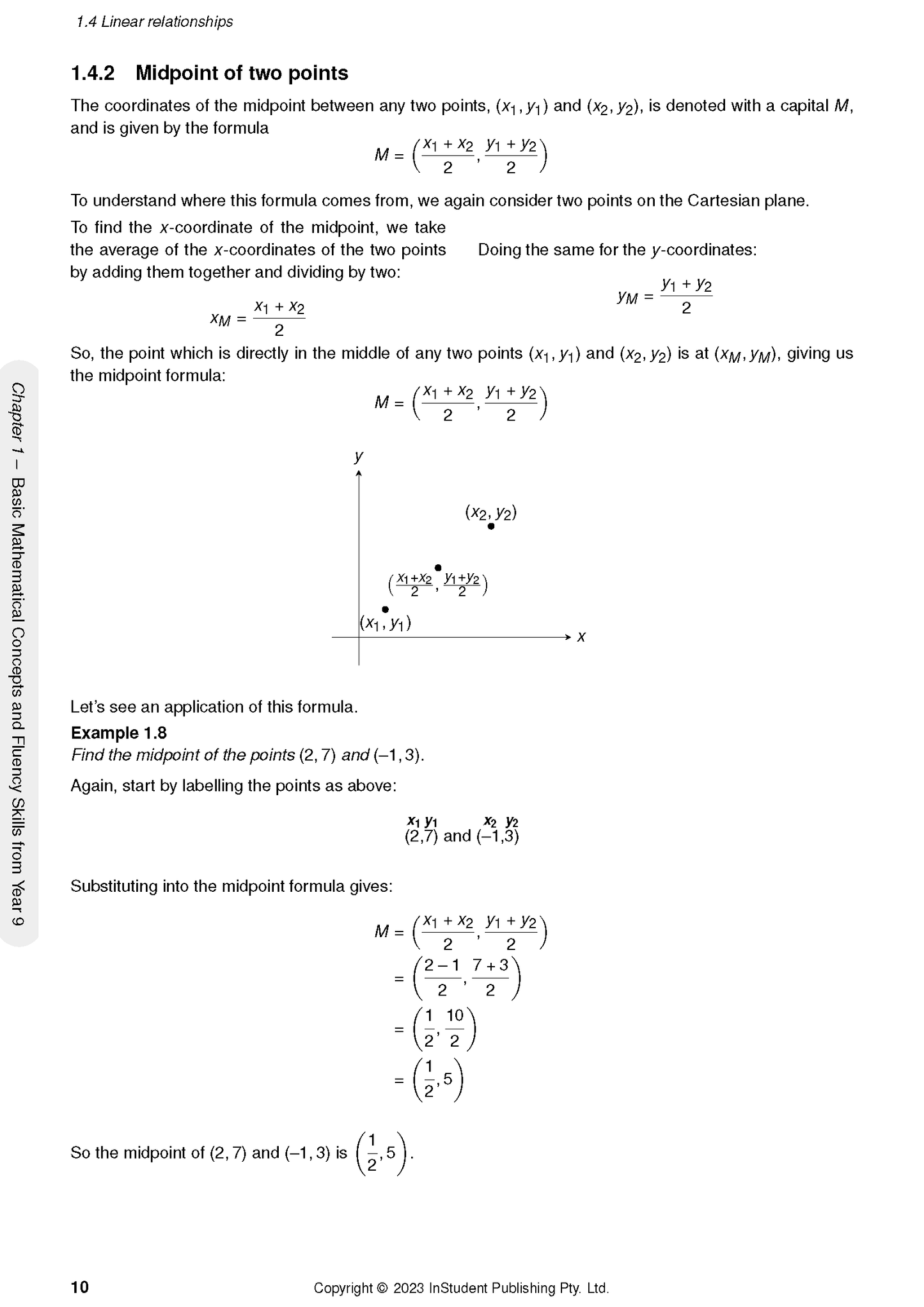 Year 10 Maths Course Notes (2024-2026) by ATAR Notes, showing a page on 'Midpoint of two points' with formulas, diagrams, and an example.