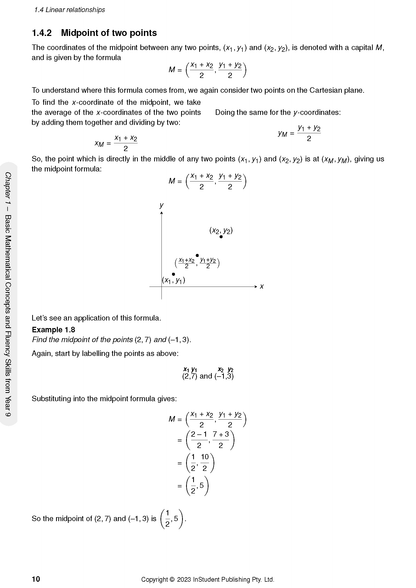 Year 10 Maths Course Notes (2024-2026) by ATAR Notes, showing a page on 'Midpoint of two points' with formulas, diagrams, and an example.
