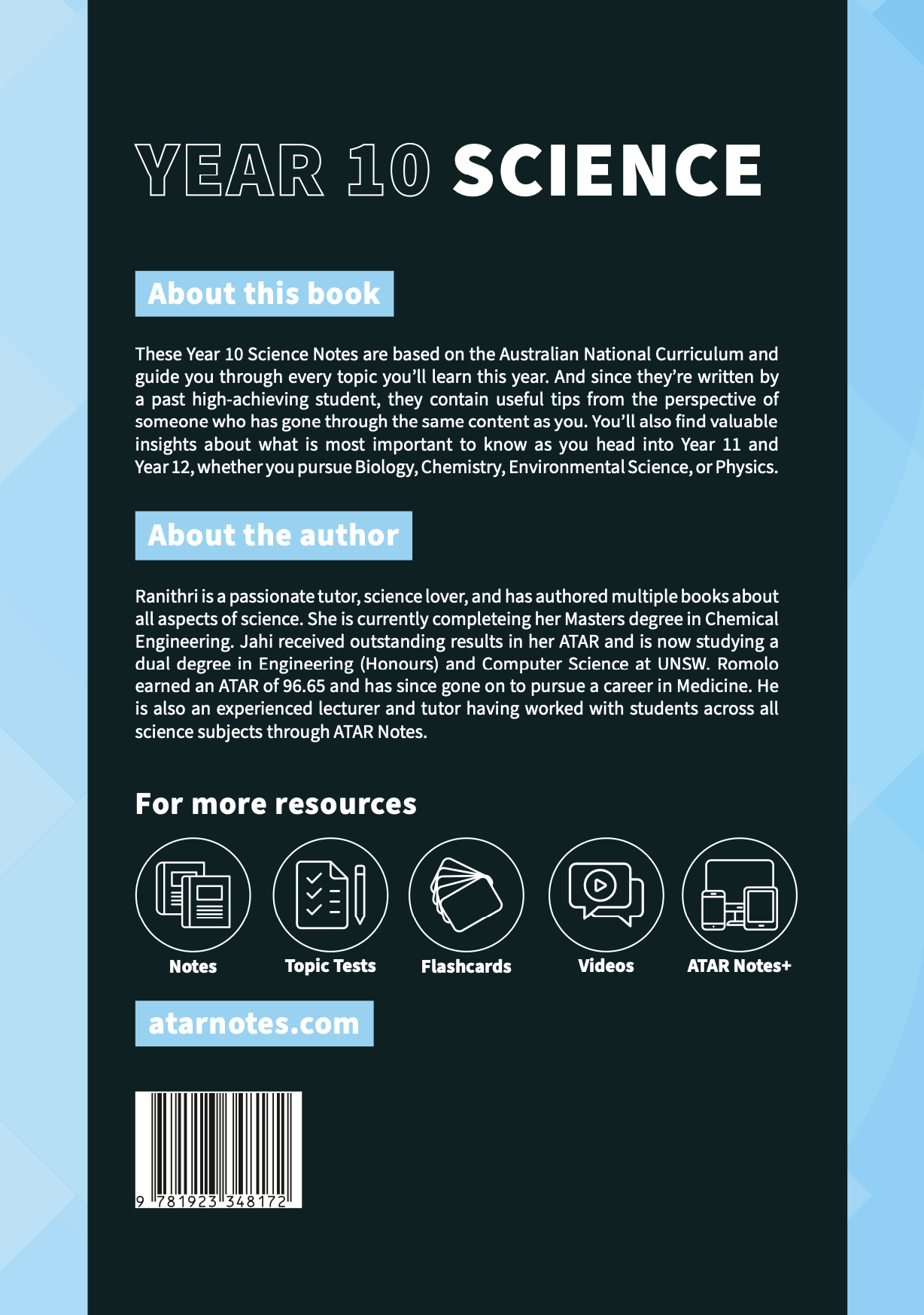 Year 10 Science Course Notes by ATAR Notes, featuring a dark blue cover titled "YEAR 10 SCIENCE" and informational text.