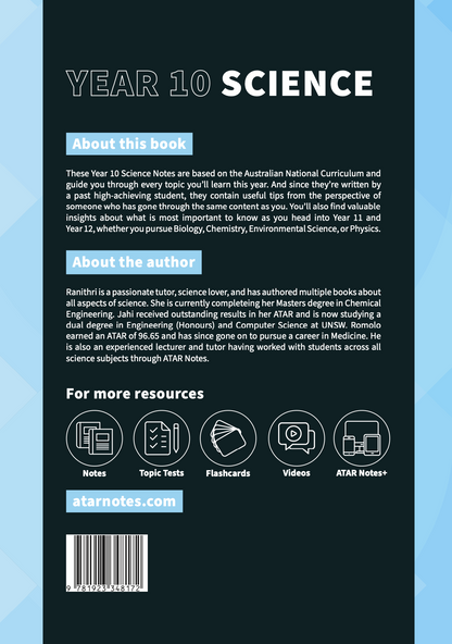 Year 10 Science Course Notes by ATAR Notes, featuring a dark blue cover titled "YEAR 10 SCIENCE" and informational text.