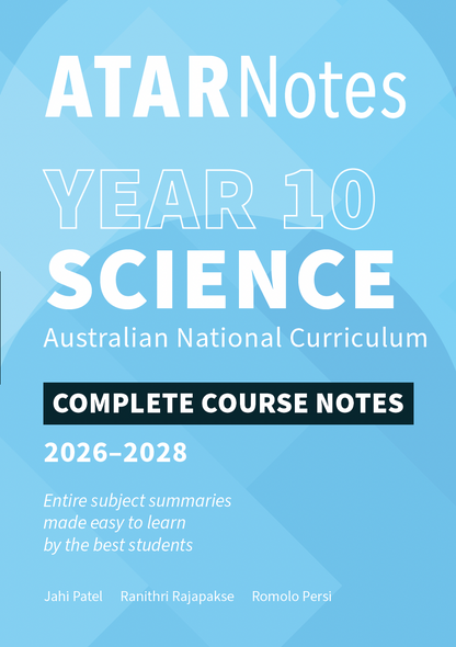 Year 10 Science Complete Course Notes for 2026-2028 by ATAR Notes, displaying white text, a black title bar, and three author names on a light blue cover.