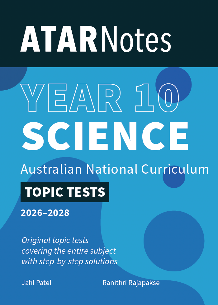 Year 10 Science Topic Tests book from ATARNotes, with a blue and black cover featuring white text and abstract blue shapes.