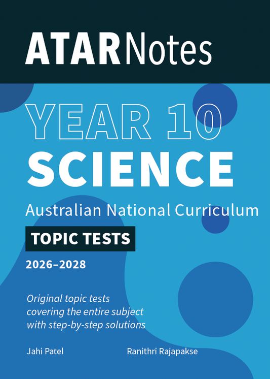 Year 10 Science Topic Tests book from ATARNotes, with a blue and black cover featuring white text and abstract blue shapes.