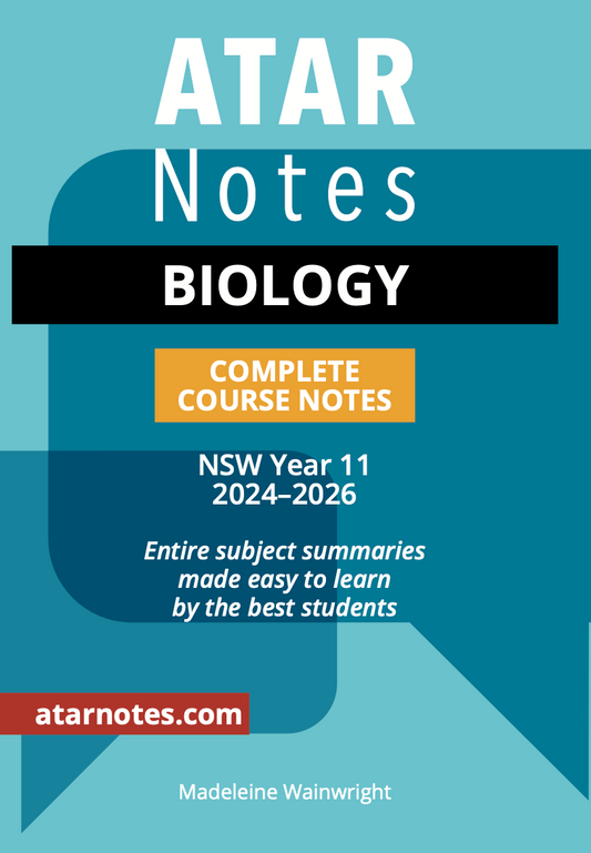 Biology Complete Course Notes by ATAR Notes, a teal and blue cover with white, black, orange, and red text for 'NSW Year 11'.